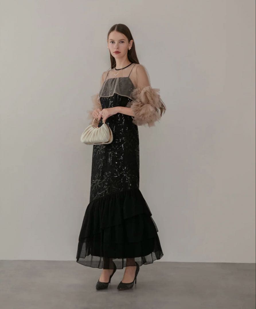 フラワースパンコールチュールフリルスリーブIラインワンピース