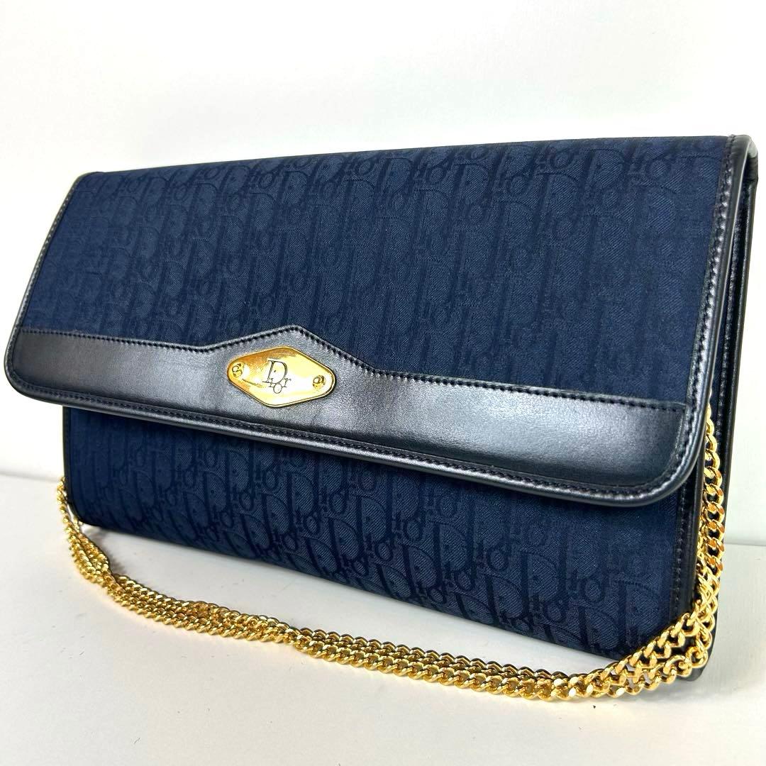 【美品】クリスチャンディオール ショルダーバッグ トロッター チェーン ネイビー