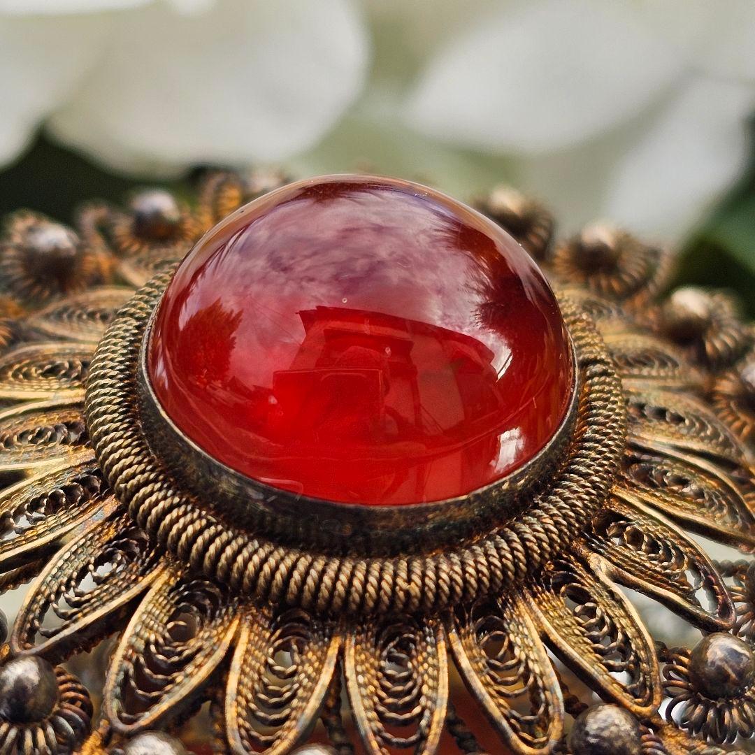 【255】 琥珀　アンバー　銀線細工　ヴィンテージブローチ