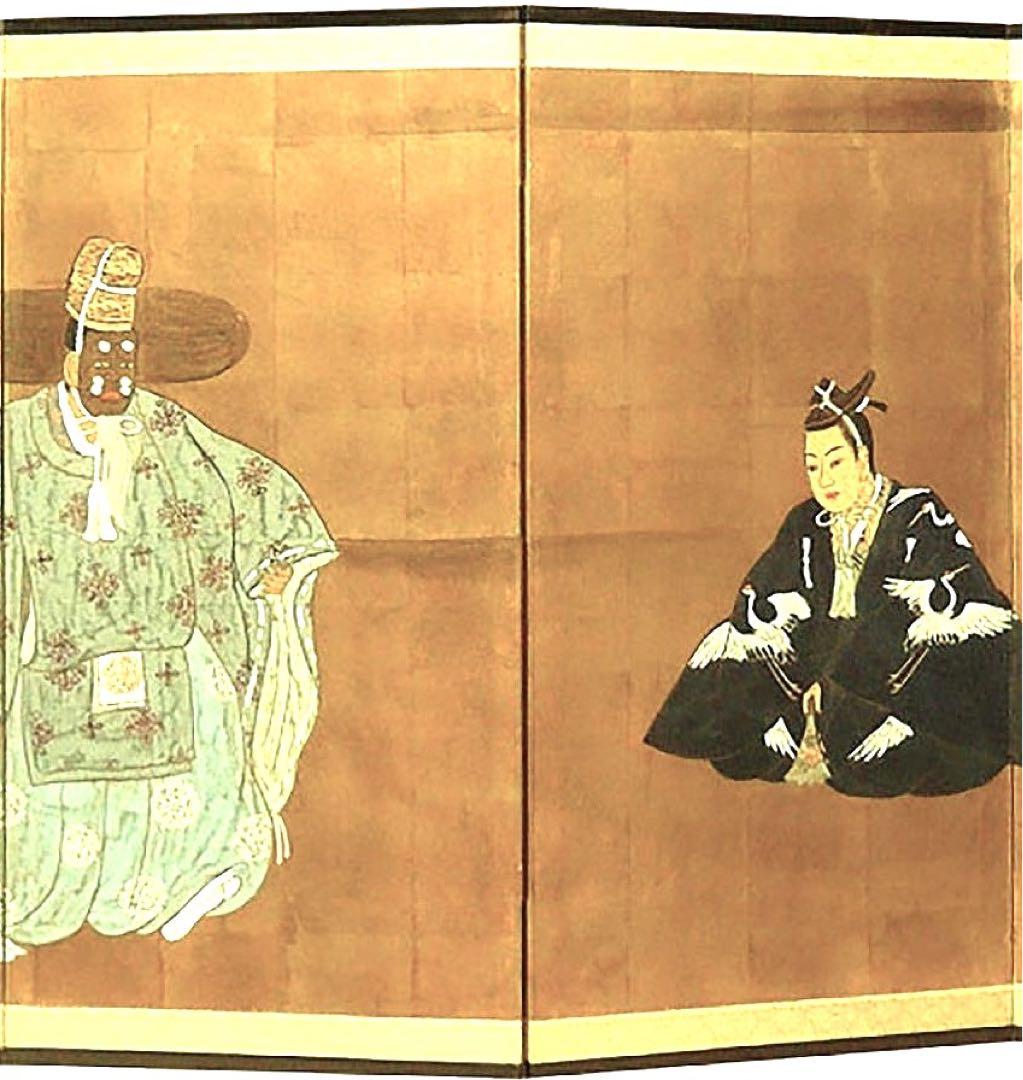 四つ折り屏風　日本画　金箔彩色　能舞い