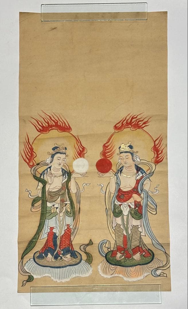 「日月天尊御影」彩色木版刷 1枚|日天 月天 仏画 仏教美術 江戸時代 和本