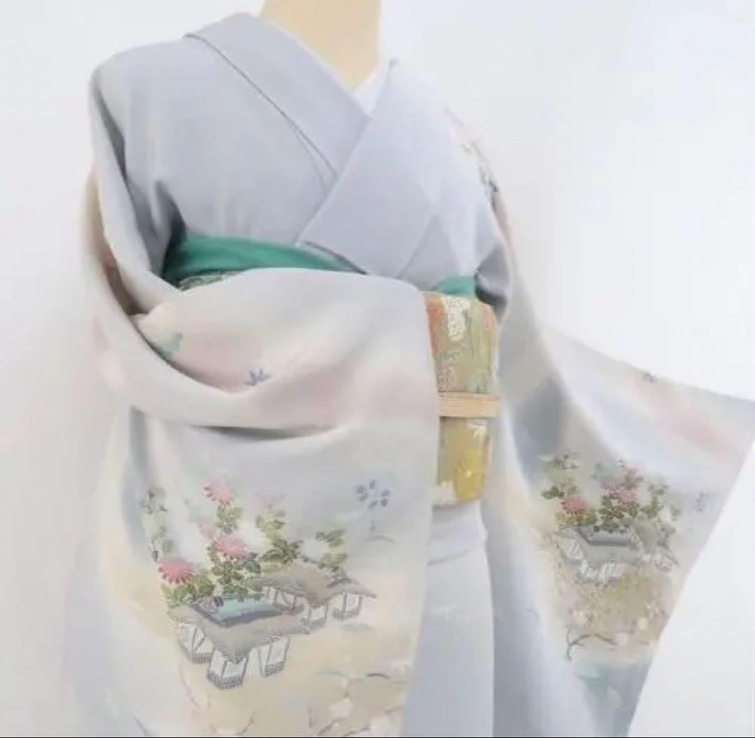 新品 訪問着 薄い青 花柄