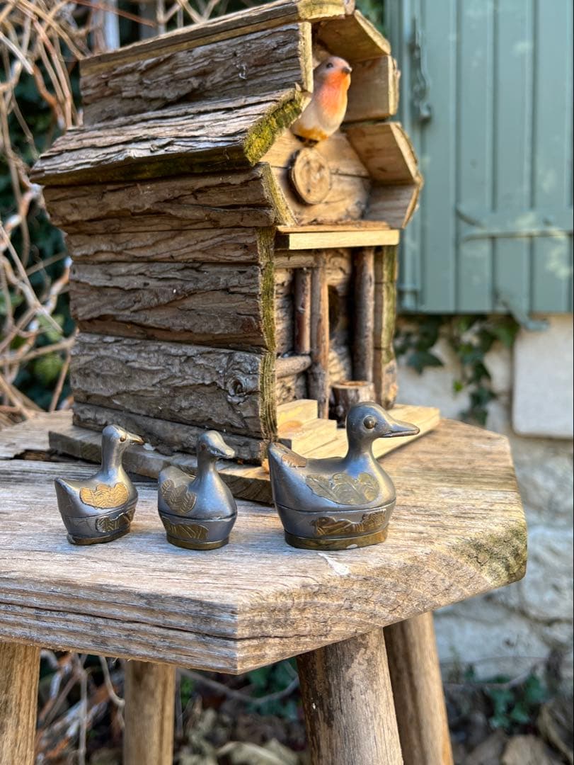 ◆フランスアンティーク｜ピューター製アヒル小物入れセット手作り小鳥錫ミニオブジェ
