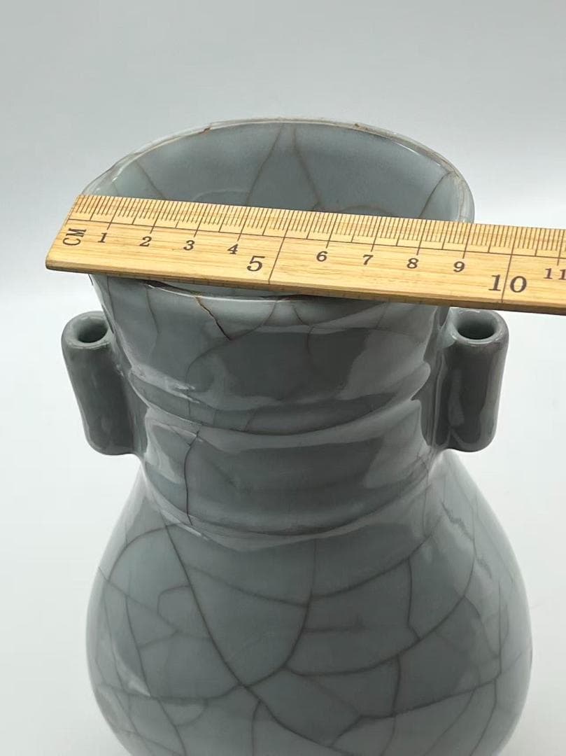 南宋時代 青磁　官汝窯貫耳瓶 汝官窯　【旧家蔵出し】希少貴重(A-92)