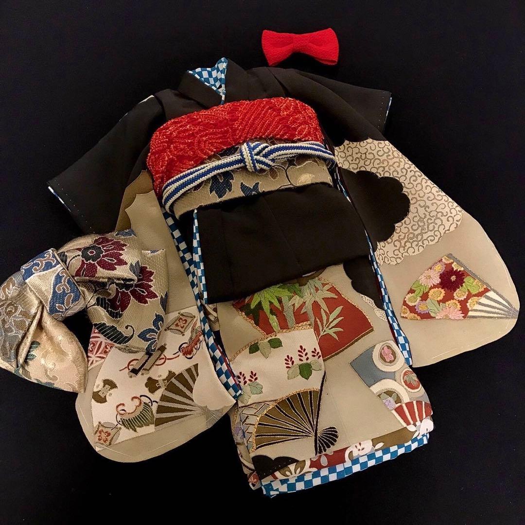 ＊ 市松人形 12号 アンティーク 黒留袖 着物 帯 ＊ 留袖 大正