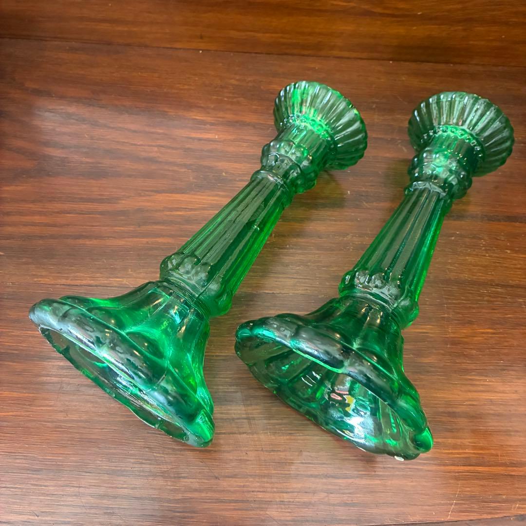 貴重！20's〜30's アメリカアンティーク燭台キャンドル　グリーンガラス2個