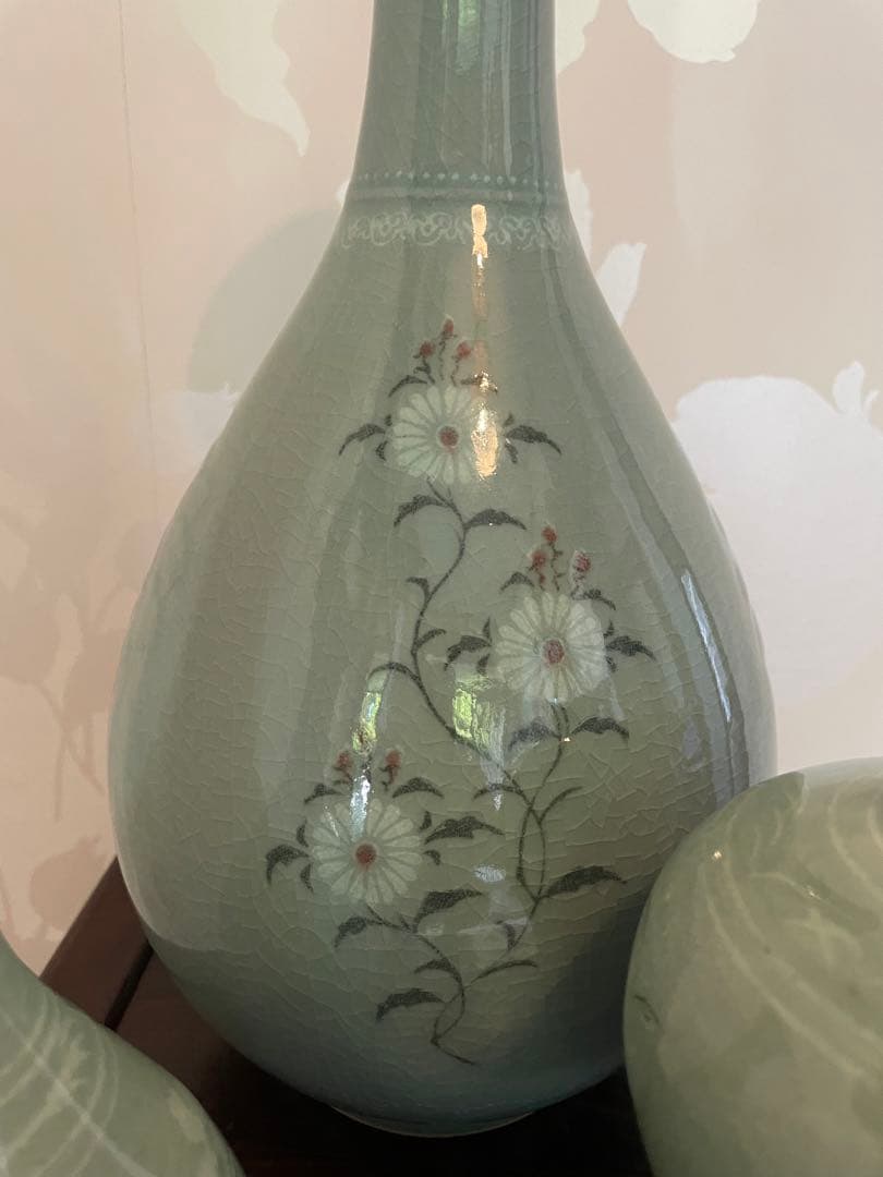 高麗青磁 雲鶴　茶道具　伝統工芸品　峯岩作　華道　高麗青磁　陶器の花瓶3点セット