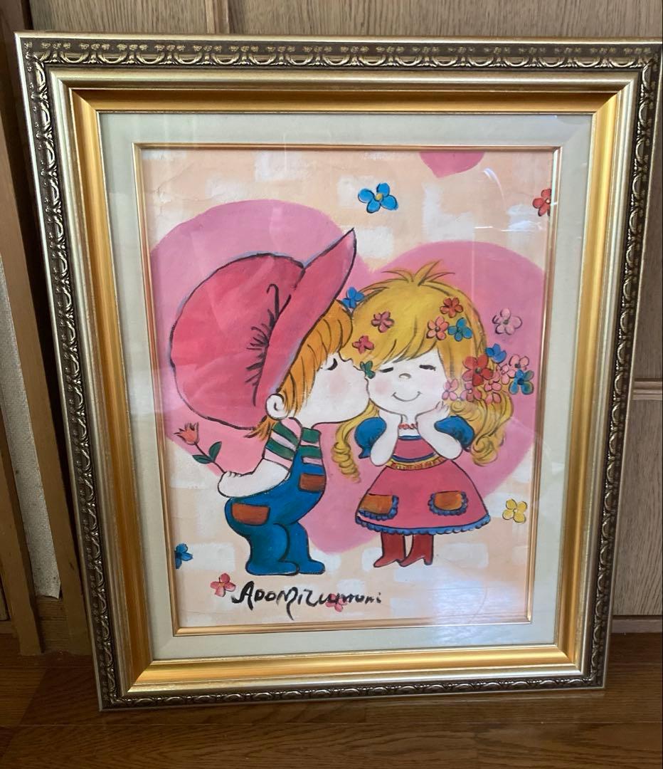 人物画　油絵　水森亜土　F額付き　手描き　肉筆