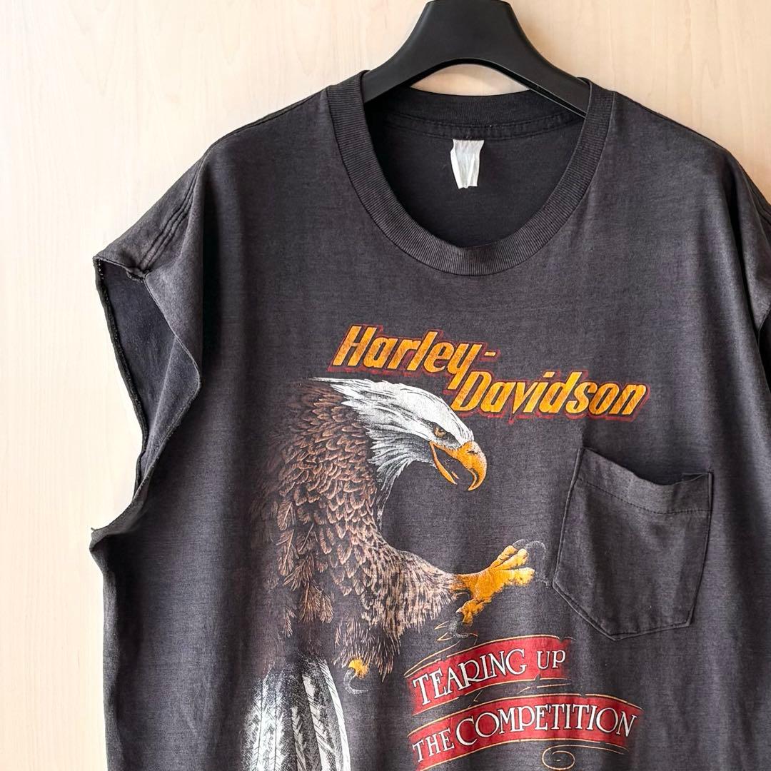 80s古着　ハーレーダビッドソン ノースリーブ　ポケット　両面プリントイーグル
