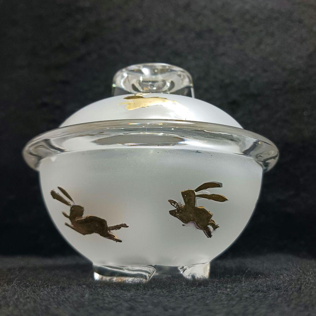 Y3279-3 ガラス製 金彩ウサギ文 蓋付碗 ガラス碗 2客セット