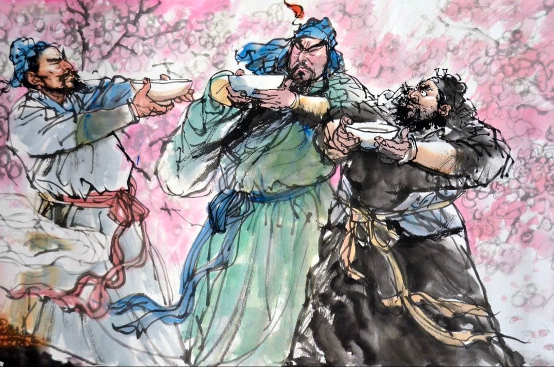水墨画 『桃園三結義』 人物 古代の武士たち 桜背景