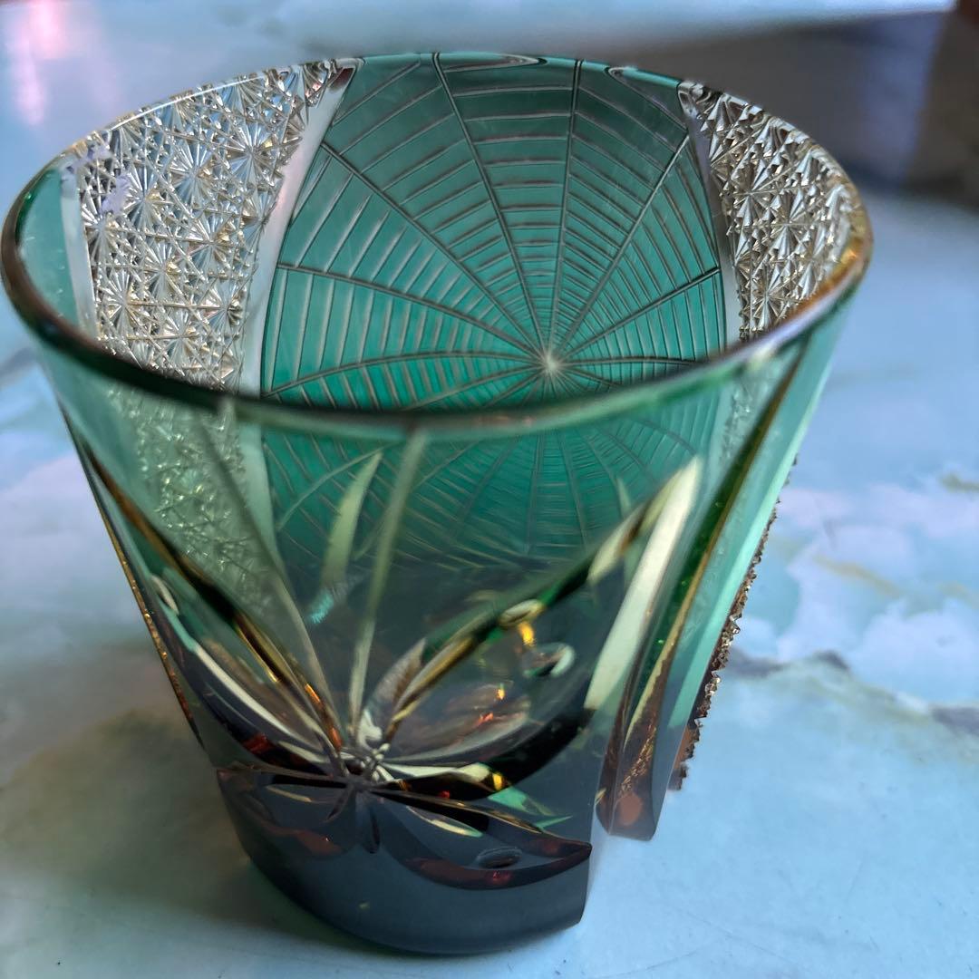 クリスタル江戸切子 流星 オールドグラス (琥珀緑)