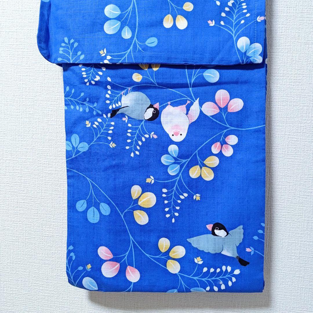 レア小鳥柄浴衣ブルー草花柄コトリカフェ監修ゆかた着物青色黒黄白水色文鳥柄ことり柄