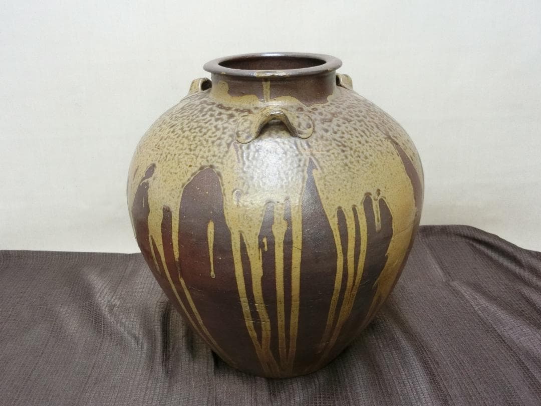 飾って！【壺　3耳壺 流れ釉　緑釉垂れ釉　景色抜群　丹波】鑑賞陶磁器　インテリア