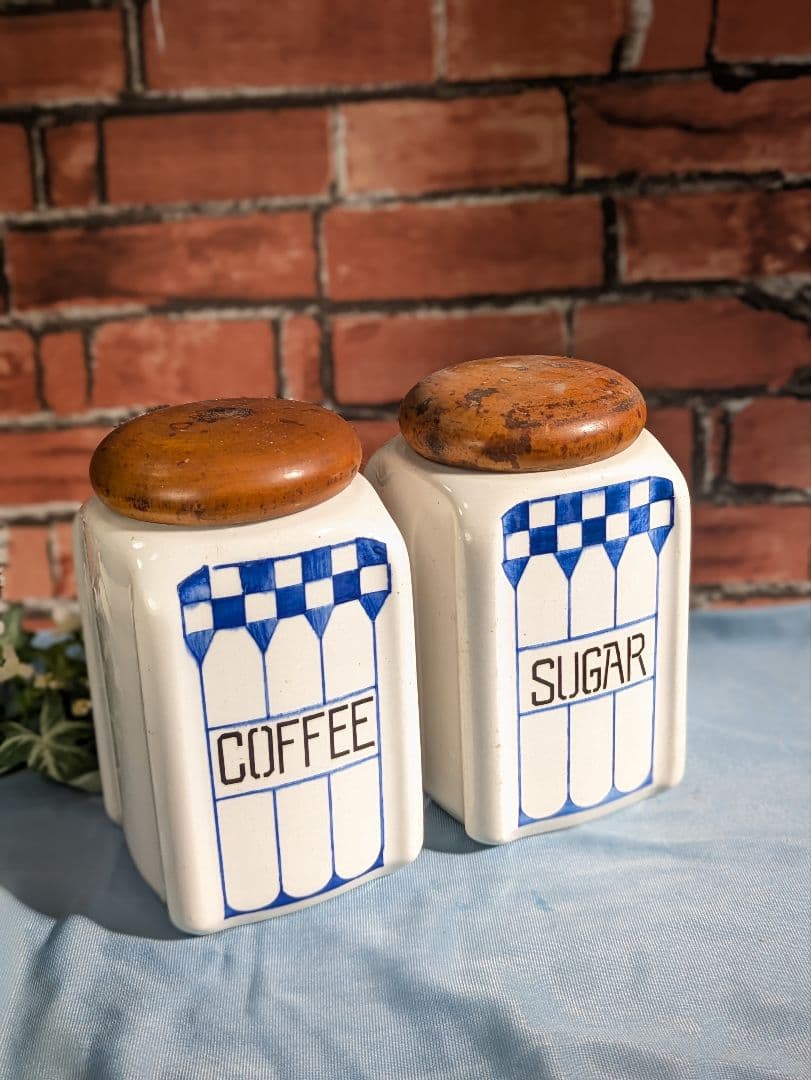 ヨーロッパ アンティーク 陶器製 木蓋 キャニスター ２点セット