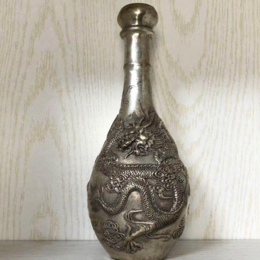 銀竜　花瓶　凹凸彫刻　銀龍置物　鎮宅　時代物　置物　インテリア縁起物
