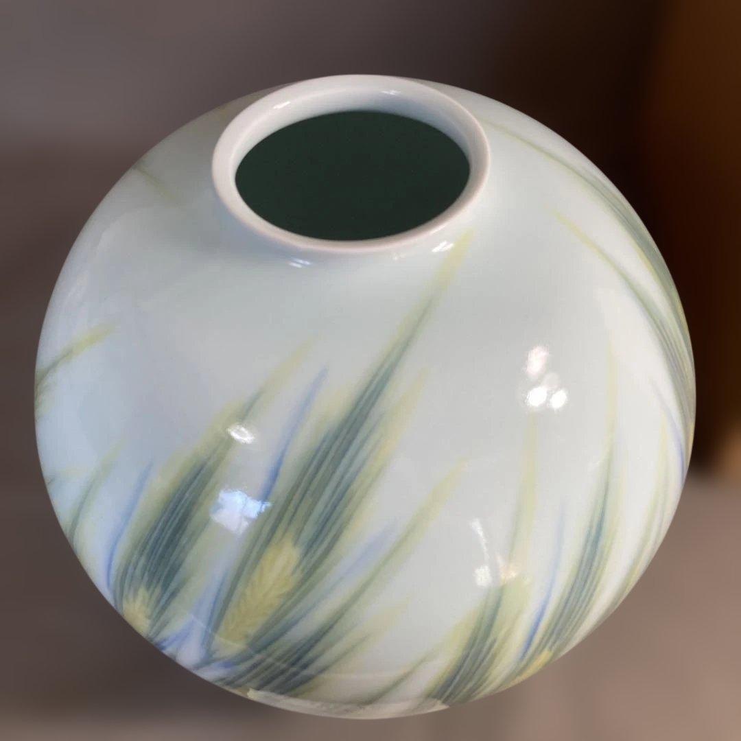 【庄村健】現代の名工　日本の名窯　有田　晩香窯　庄村健作　染錦麦穂紋　花瓶