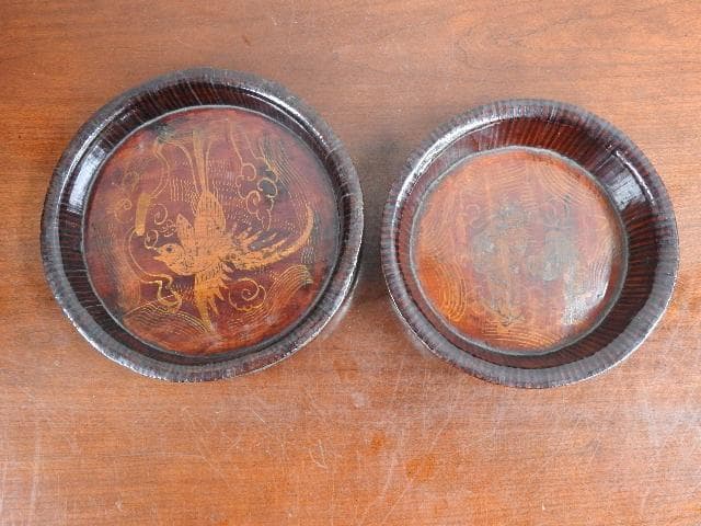 寄木盆　大小　人物鳳凰　M722