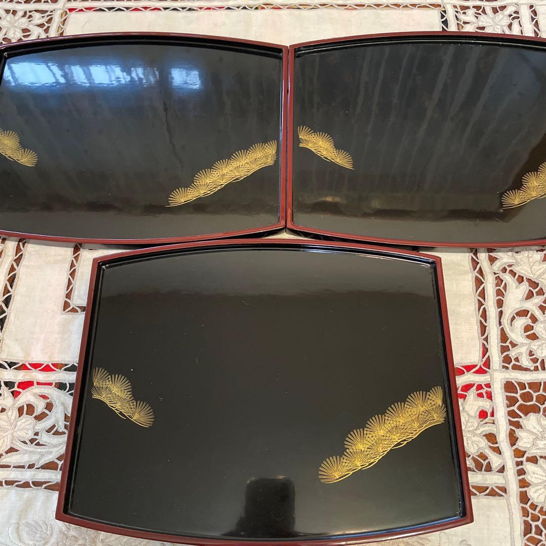 天然木　漆塗り　沈金　折敷　小膳　三枚