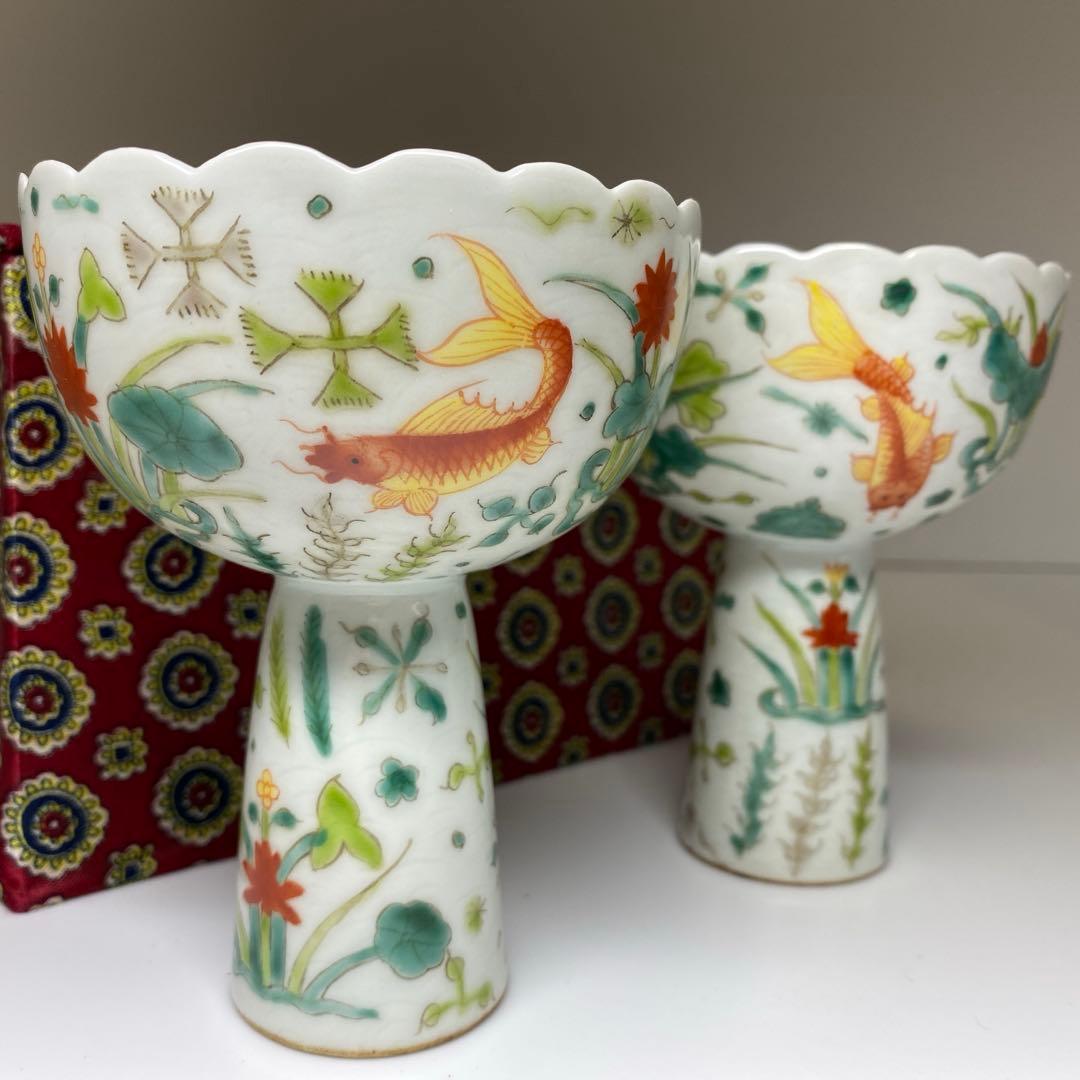 中国清時代　大明嘉靖年製　粉彩馬上杯2客　仕立箱付　東Y7-0303☆2Fトヒサ