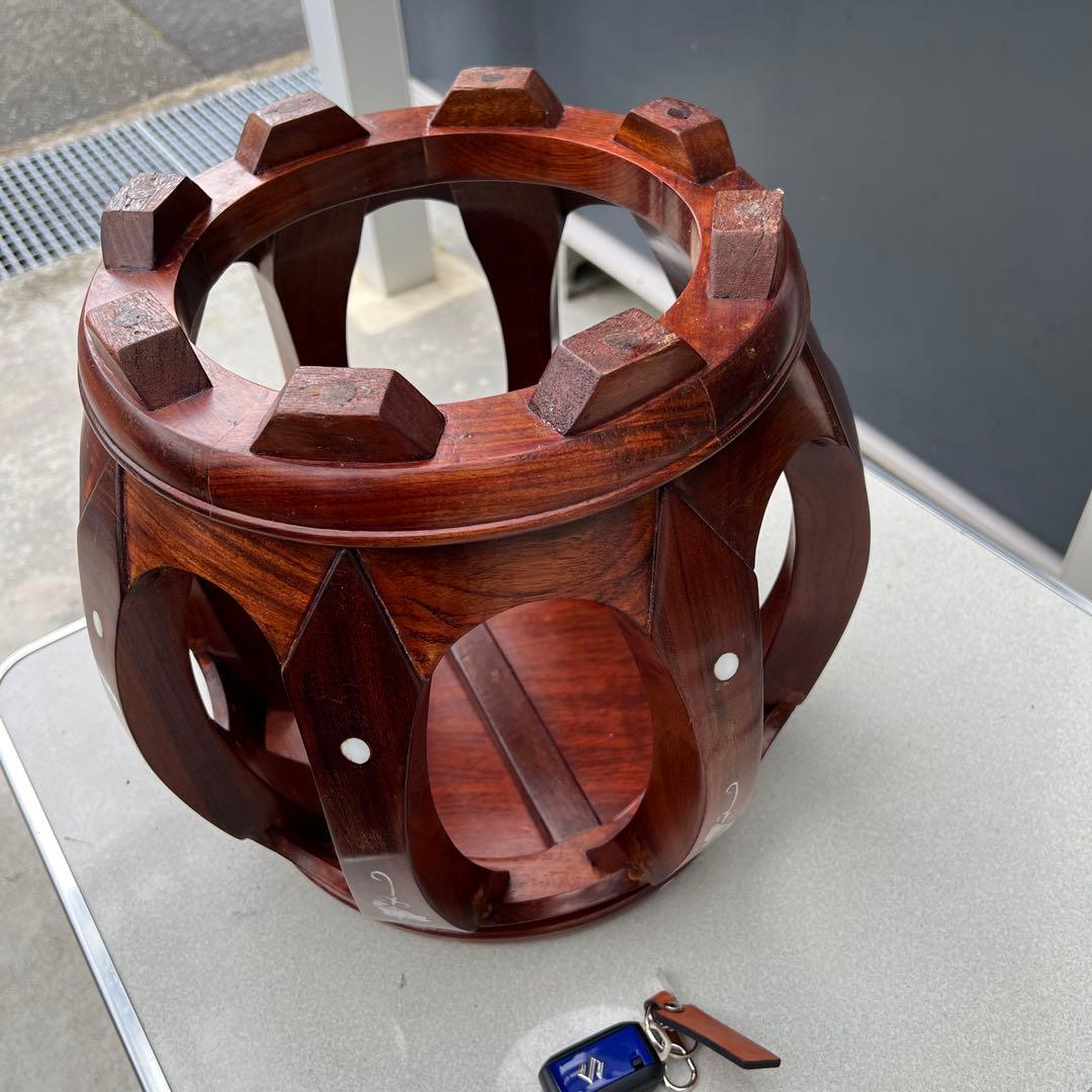 木製 貝細工装飾 丸型座卓　花瓶台　みっちゃん