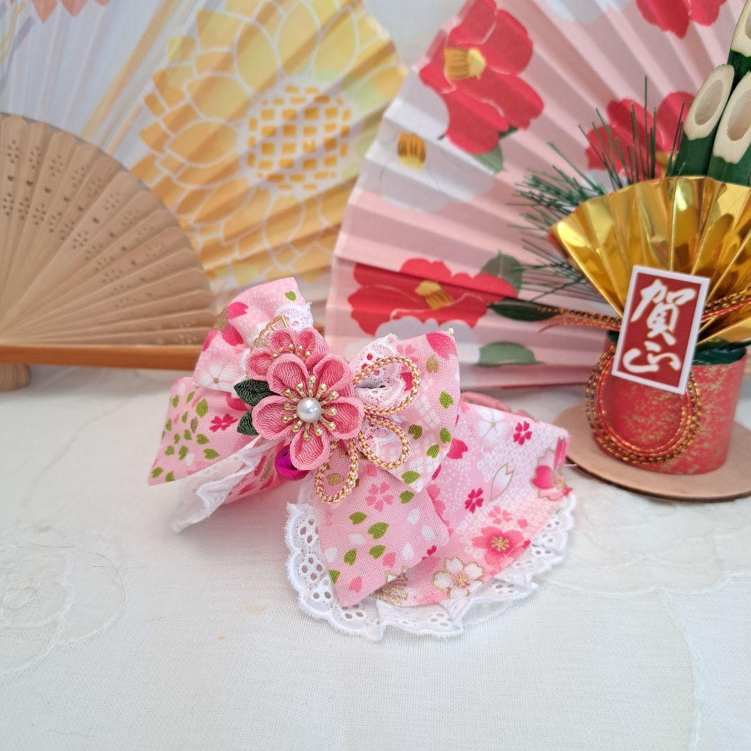 お正月仕様和風つまみ細工(ピンク④)わんちゃん猫ちゃん用襟つき首輪