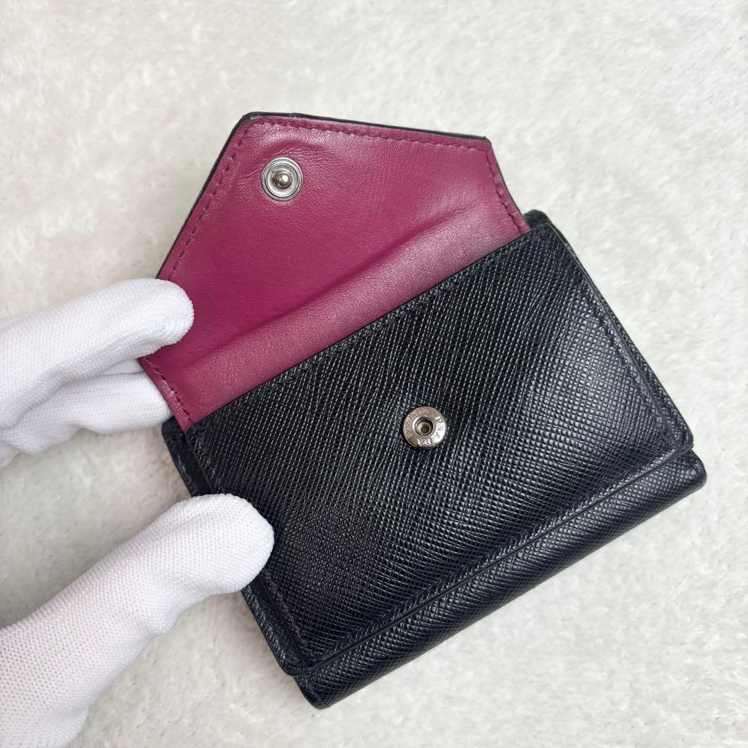 【希少✨】PRADA 三つ折り財布 バイカラー サフィアーノ 黒 RFID搭載