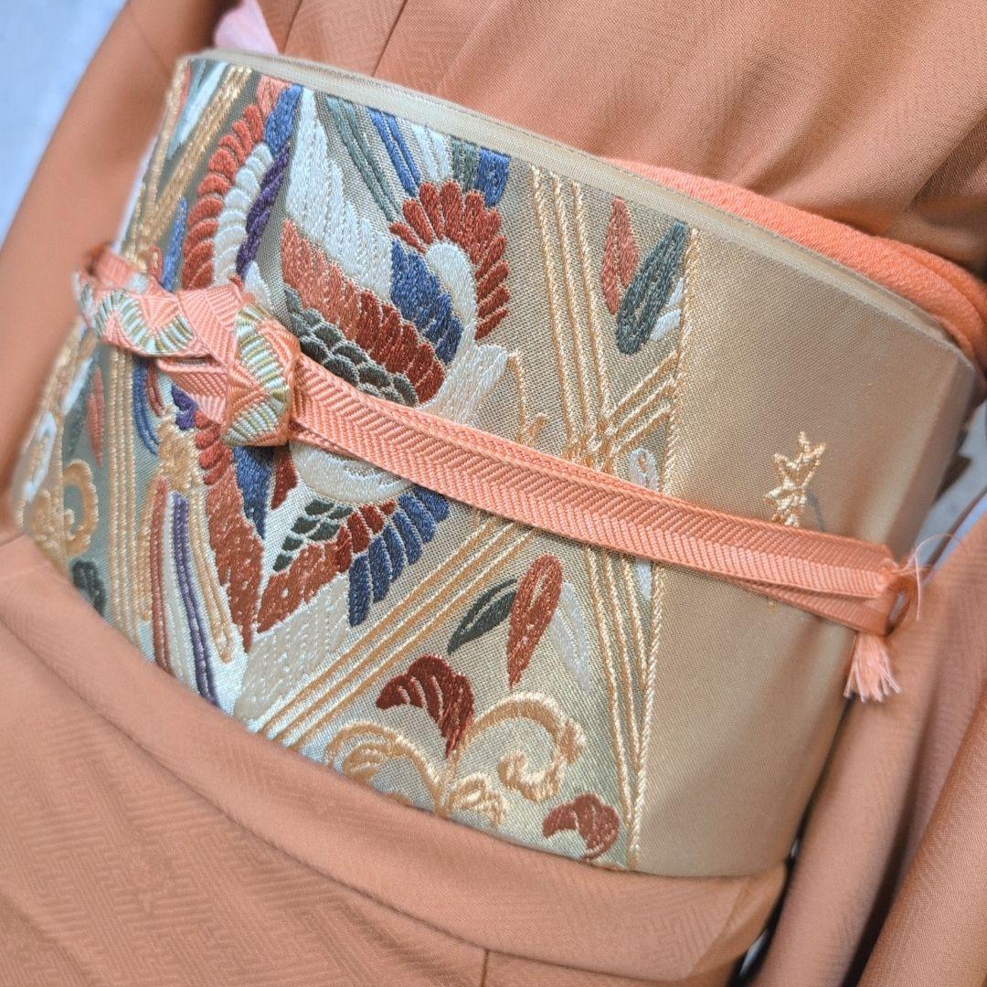 訪問着　フルセット　着物　正絹　赤茶橙　鳥　扇　梅　花　刺繍　しつけ糸　F2