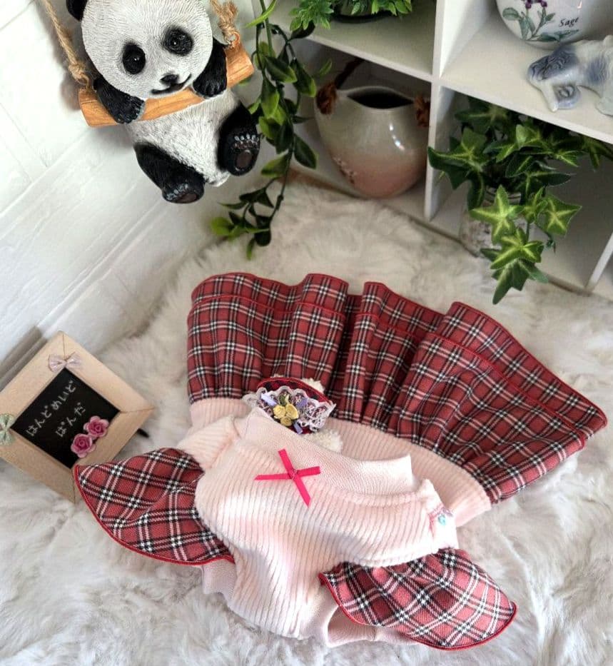ハンドメイド　犬服 暖か❗キュートなピンクチェックフリルワンピース