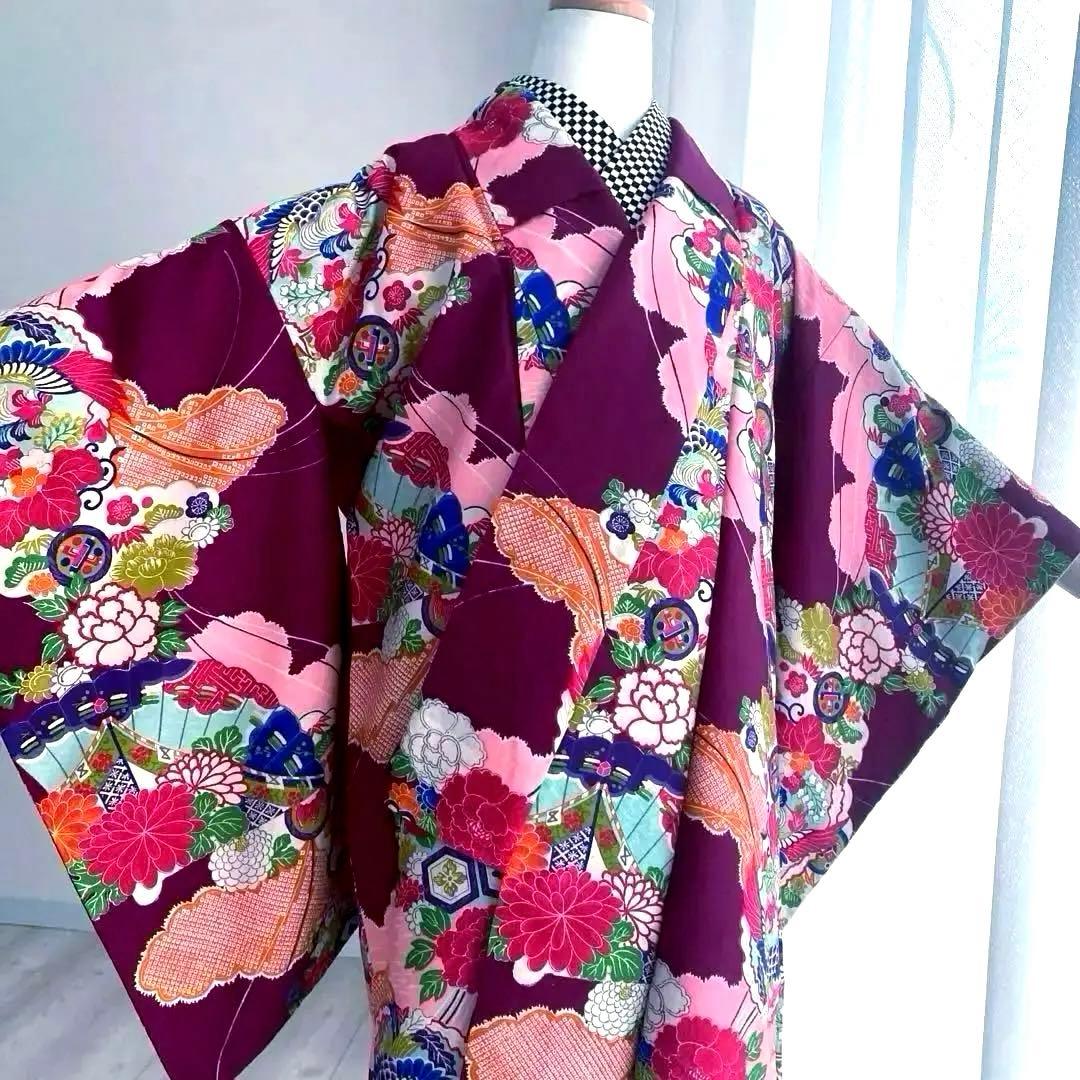 アンティーク着物　子供用　しつけ付　鳳凰・花模様　地紋　正絹　No.35