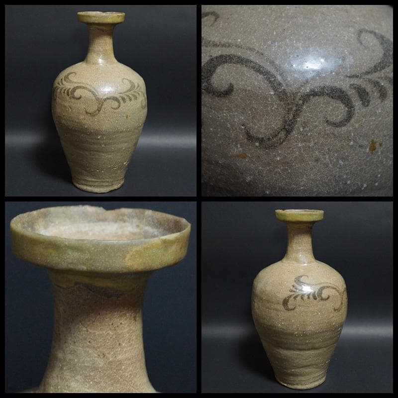 高麗 鉄絵灰釉徳利 絵高麗『唐草文』 広口瓶 花器 茶道具 陶芸アンティーク