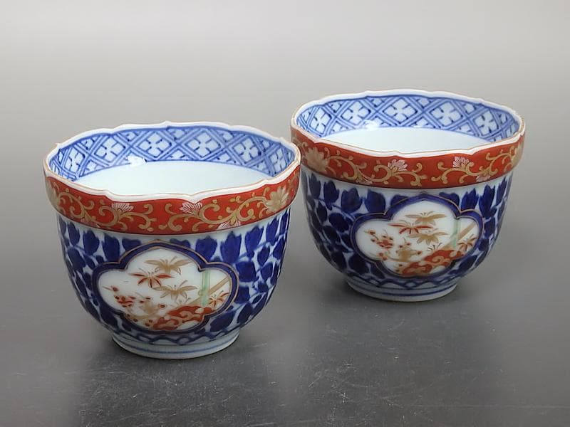 大聖寺伊万里　染錦　窓絵　葉唐草の図　向付　２客　D686AS-BDu