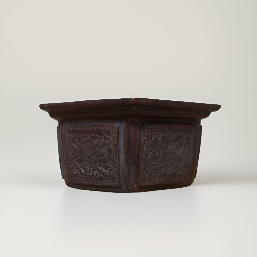 【浙寧玉成窯造】中国古美術 八角形陶器鉢 紫砂陶芸 ダークブラウン 落款あり