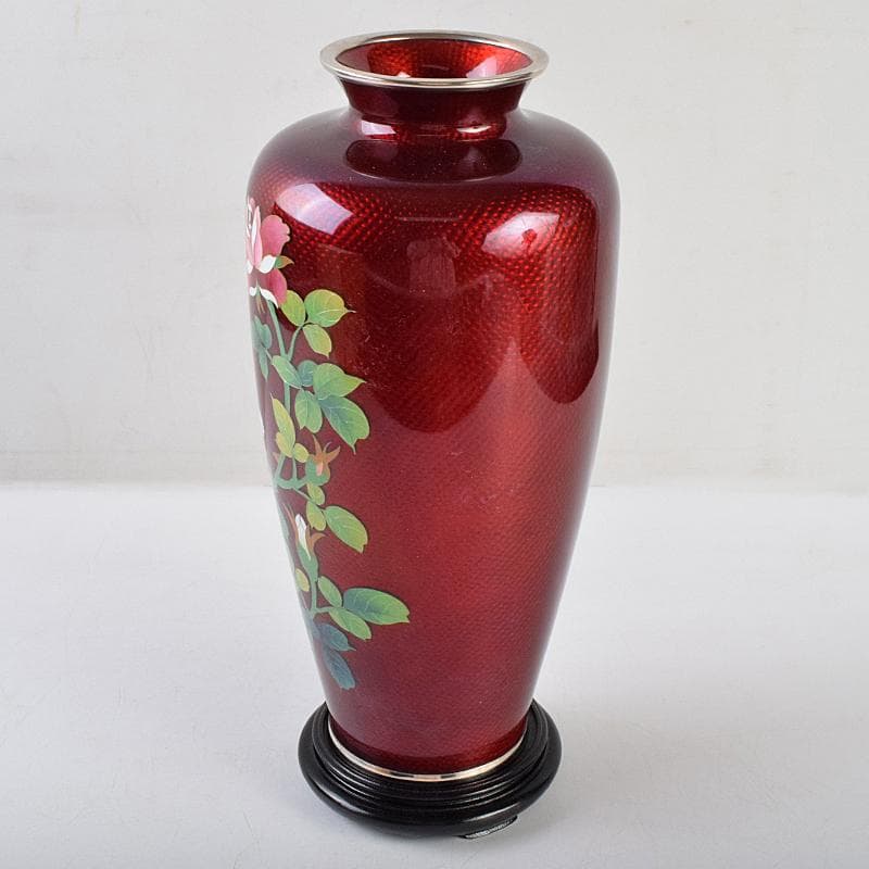 七宝焼　赤透釉　薔薇文　花瓶　唐木台・時代箱付　V　R9466