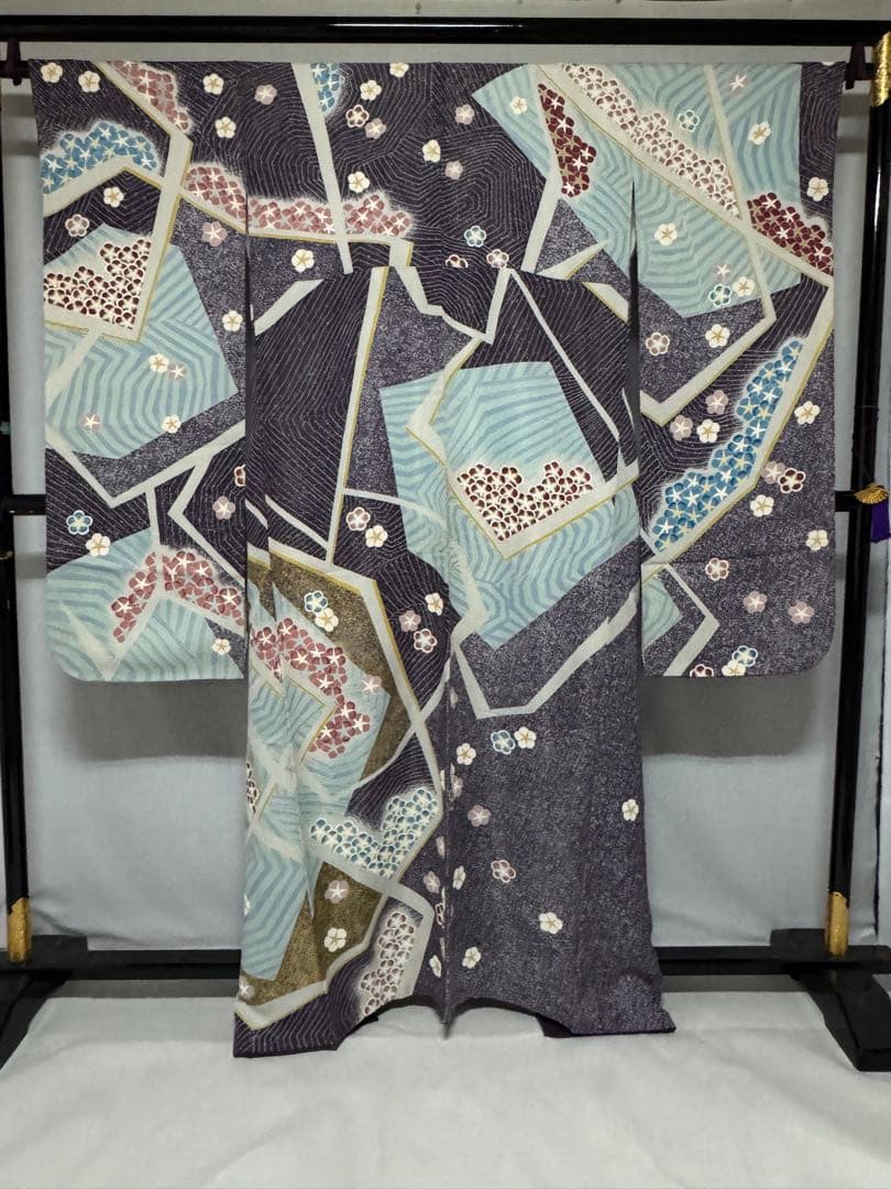 [作家物] 振袖　正絹　成人式　結婚式　紫　水色　たたき　高身長　縮緬　卒業式