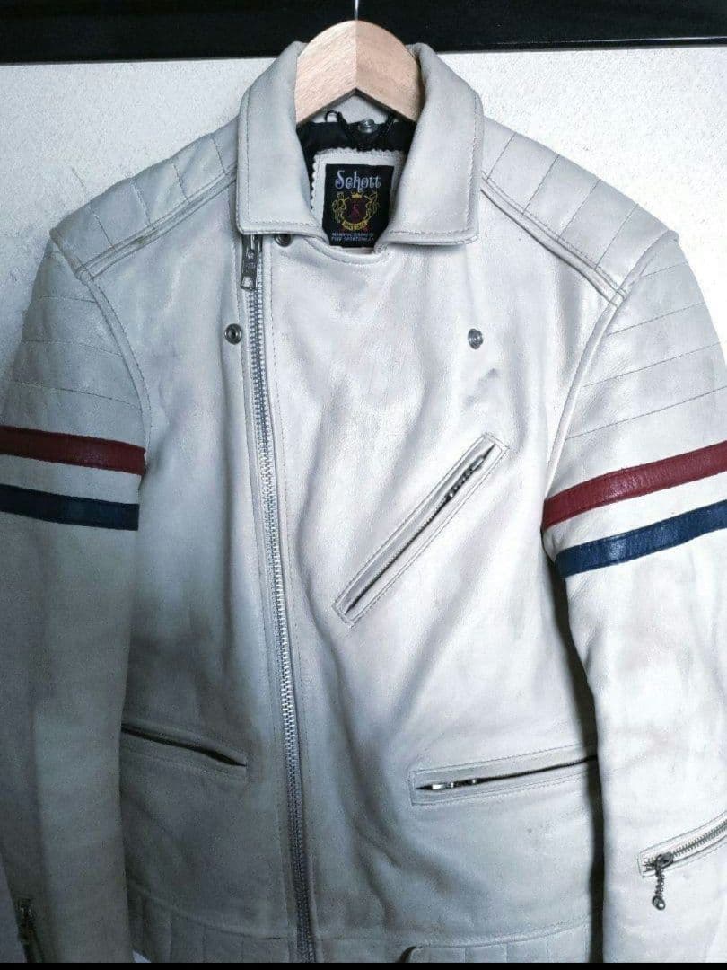 現行タグ　良品　Schott ホワイト ダブルライダースジャケット　ユーズド加工