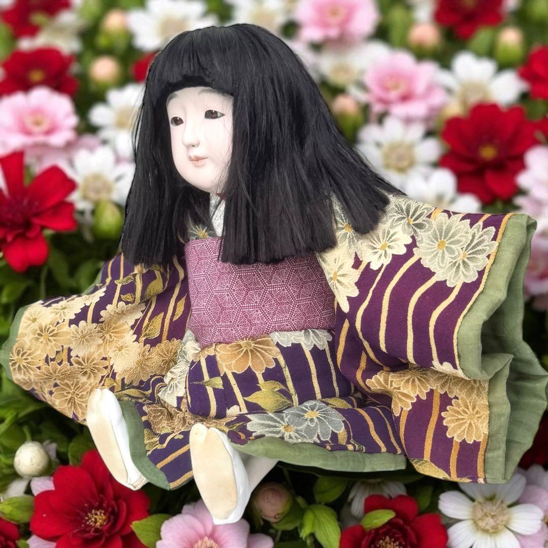 市松人形 松乾斎東光 紫 縮緬 花柄 菊 着物 ガラス 銘 印 三折れ 日本人形
