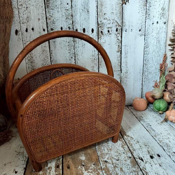 70-80s ヴィンテージ ラタン マガジンラック ブックスタンド 籐 本立て