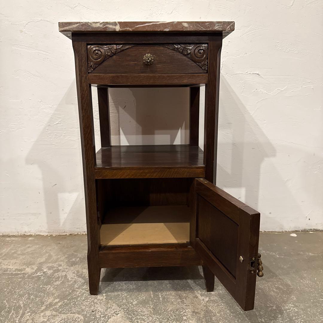 ヴィンテージ　木製サイドテーブル　引き出し/扉収納付き　大理石天板