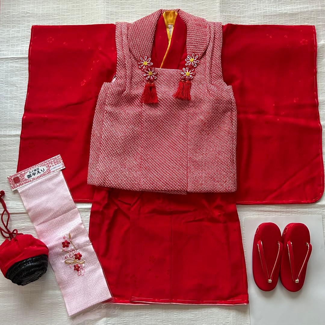 未使用品 七五三 3歳 着物 赤 総絞り 753 絹 被布 三歳 赤 草履 巾着