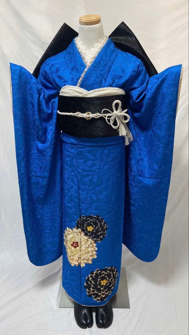 青色の振袖 花柄刺繍 振袖 振袖フルセット 正絹 成人式　振袖7点セット