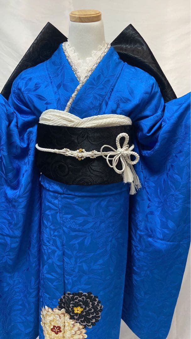 青色の振袖 花柄刺繍 振袖 振袖フルセット 正絹 成人式　振袖7点セット