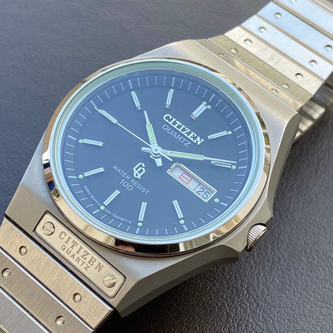 シチズン オールドクォーツ ブラックダイアル ガラス傷無し ロゴプレート 極美品