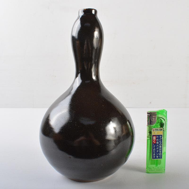 越中瀬戸焼　黒釉　瓢形徳利　時代箱　V　R6459