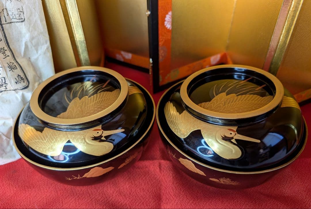 明治時代 輪島塗 金蒔絵 椀 2客 鶴亀 お正月用 木製 汁椀 菓子椀 漆器