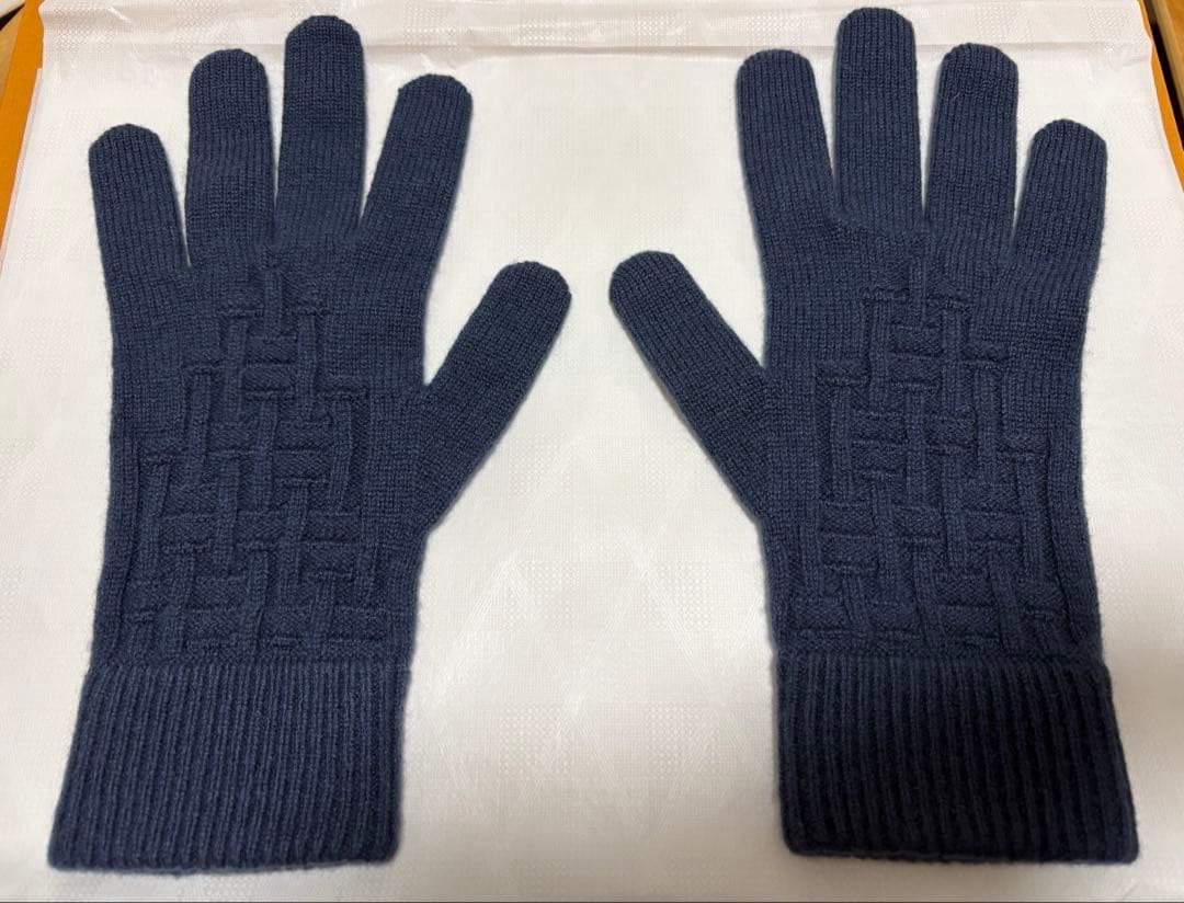 エルメス カシミア 手袋 グローブ H柄 紺色