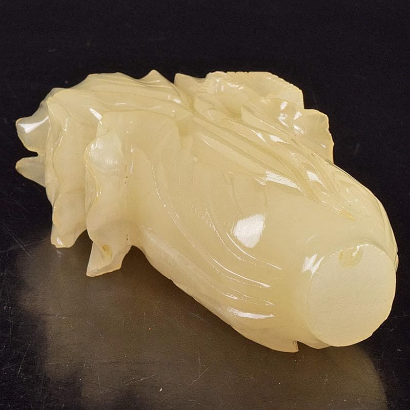 中国　玉石白玉彫刻　白菜　置物　唐木台付　C　R7586