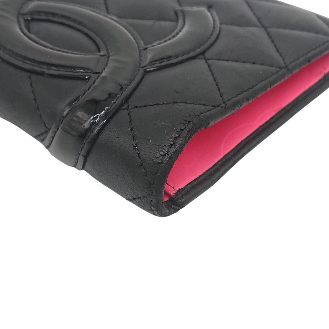 シャネル　カンボンライン　長財布　ブラックｘブラックｘピンク　レザー