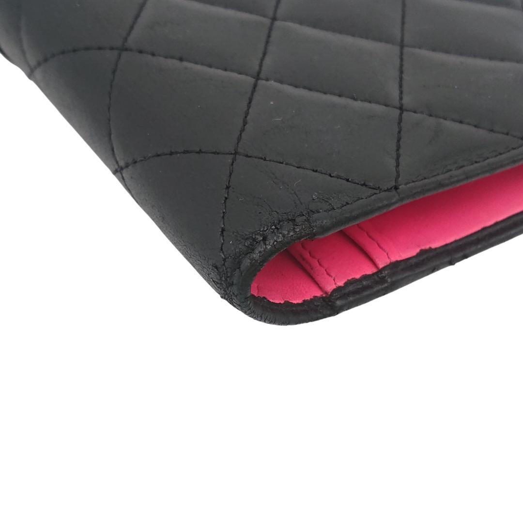 シャネル　カンボンライン　長財布　ブラックｘブラックｘピンク　レザー