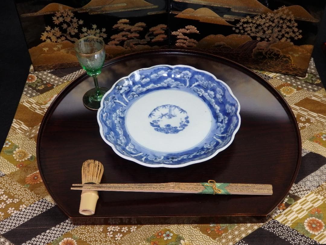 古伊万里　染付　松林に松竹梅の図　６寸半皿　C743AS-BQy